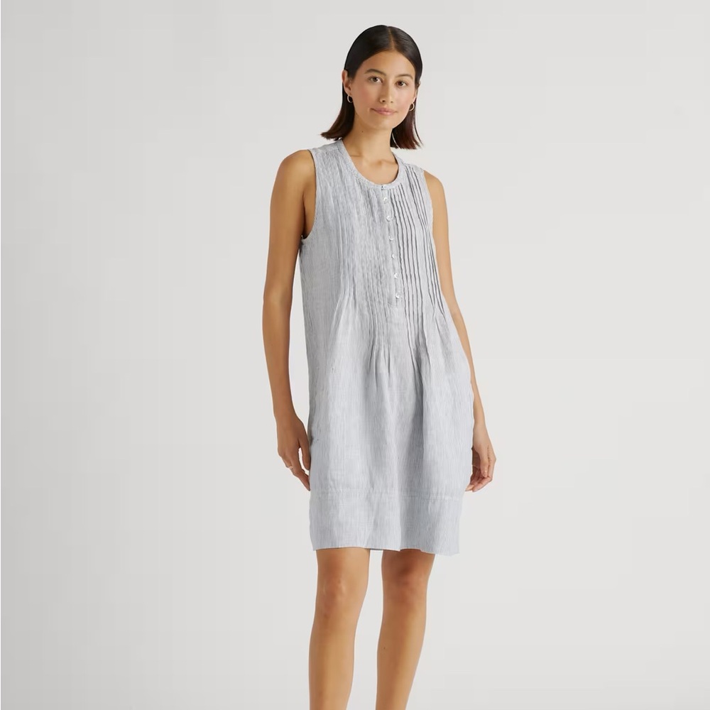 Quince 100% European Linen Sleeveless Swing Dress in Blue Pinstripe